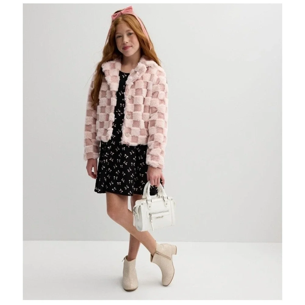 Self‎ Esteem Faux Fur Jacket Girls Medium Pink Checkered HeartButtons